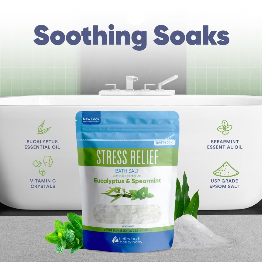 Stress Relief Bath Salt 32 Ounces (2 Lbs) USP Grade Epsom Salt with Natural Spearmint and Eucalyptus Essential Oils Plus Vitamin C in BPA Free Pouch with Easy Press Lock Seal Made in USA