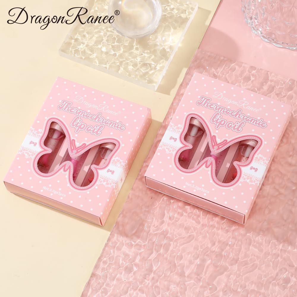 3Pcs Color Changing Lip Oil Set with Flowers & Gold Foil – pH Thermochromic Mood Lip Gloss, Hydrating Magic Lipstick, Long Lasting Moisture Tint Balm, Clear to Pink Color Shift Lipgloss for Women