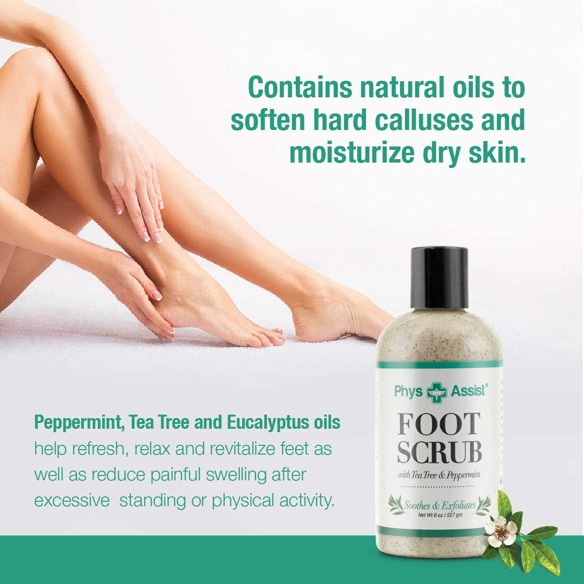PhysAssist Tea Tree & Peppermint Foot Scrub 8 oz - Exfoliating & Cooling Relief for Tired Feet