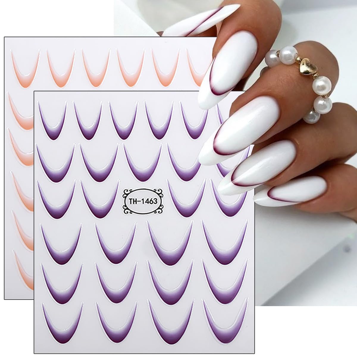 8 Sheets French Tip Nail Stickers 3D Self-Adhesive Frenchs Nail Art Stickers Colorful Curved Lines Design Nail Art Supplies Gradient French Tip Nail Decals for Women Girls Acrylic Manicure Kit DIY