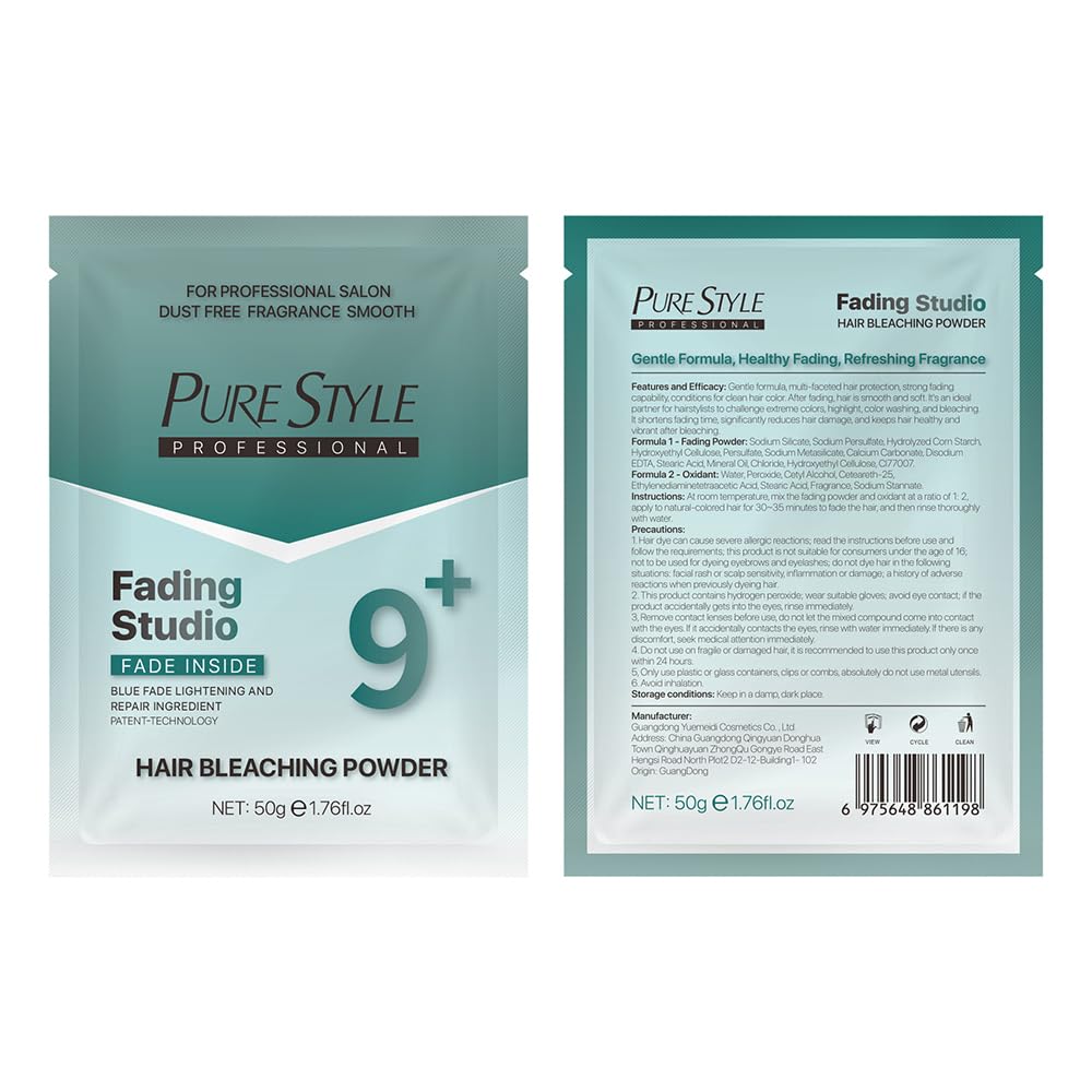 PURESTYLE Professional Ammonia-Free Hair Bleach Powder Packets 50g, Over 9 Levels Blue Fade Technology, Dust-Free & Fragrance Formula Fading Powder, Gentle Quick Bleach Lightener for Dark Hair