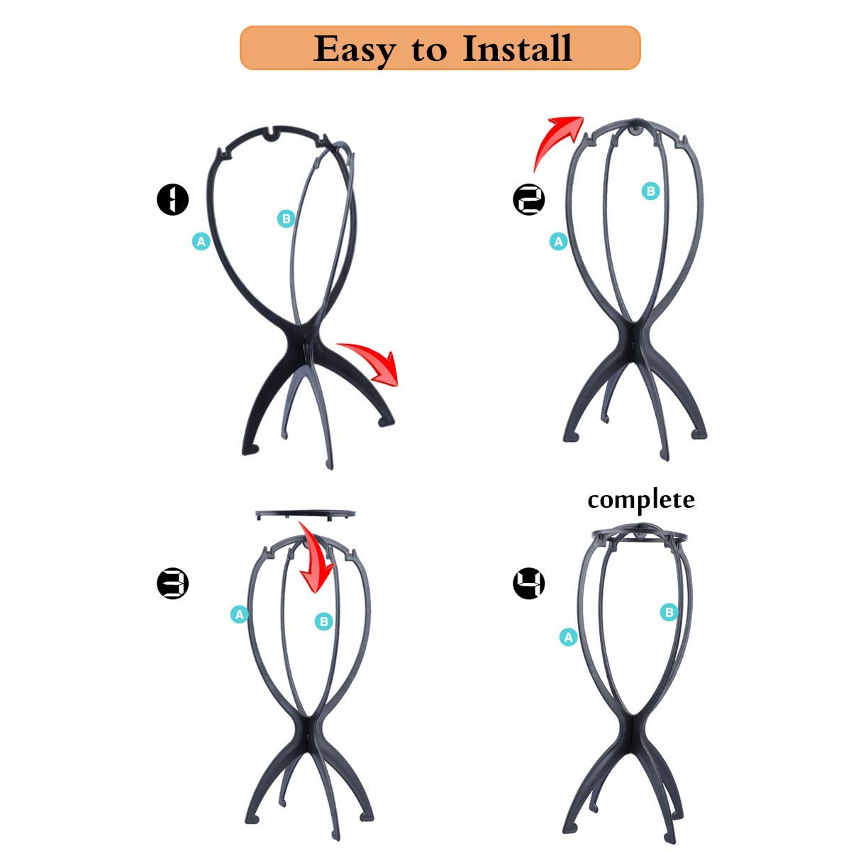 DANSEE 6 Pack Short Wig Stand Portable Wig Holder for multiple Wigs and Hats, 14.2 Inches Travel Wig Stand(Black)