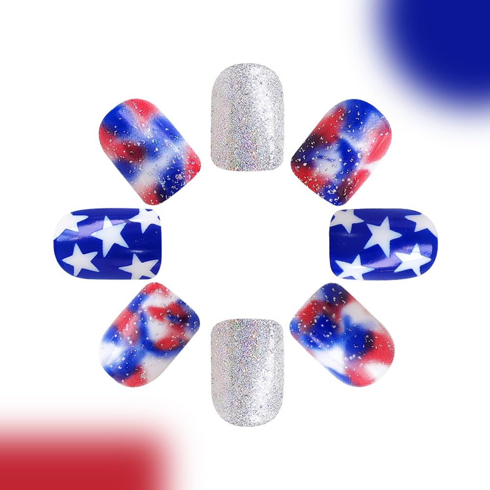 4th of July Press On Nails Extra Short Square,YEFIUO White Blue Smudge Fake Nails Press ons Nail Art Tip Acrylic Nail Kit Glue on Nails Full Cover False Nails with Silver Glitter Design for Ma'am