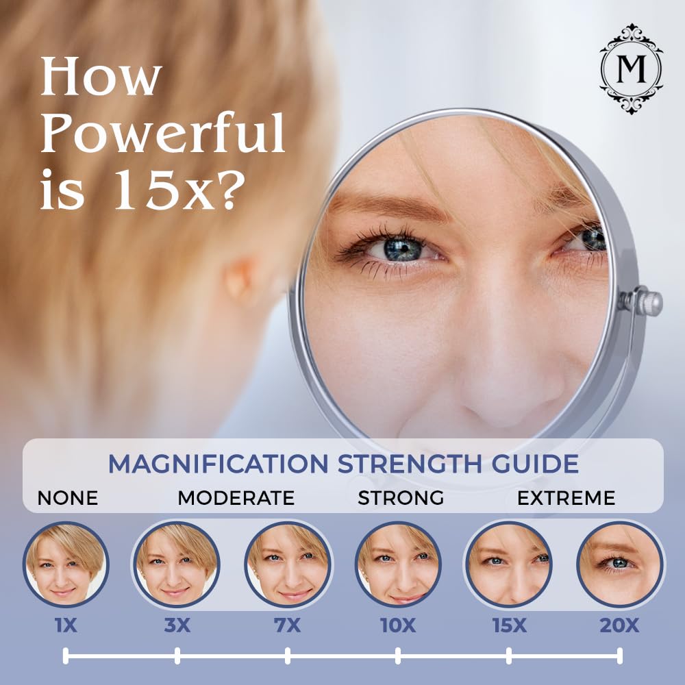 Small 15X Magnifying Tabletop Mirror for Makeup - Double Sided 15x and 1x Portable Make Up Mirror for Desk, Dressing Table and Retail Store - 6" Wide & 6.7" Tall (Chrome)