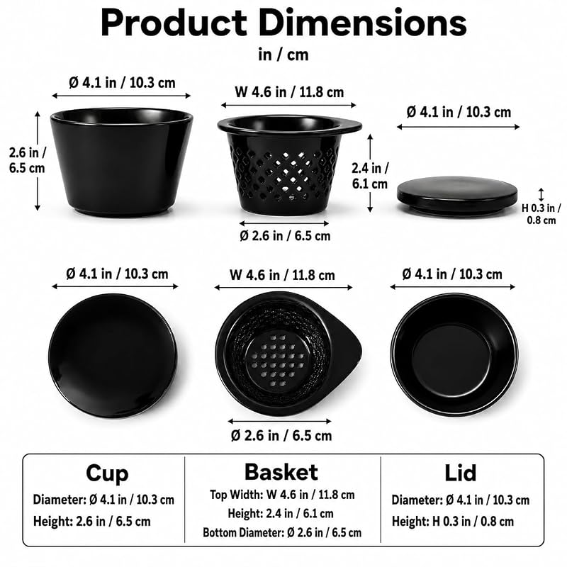 Ceramic Denture Cleaning Cup with Lid & Removable Basket - 3-Piece Stacking Soaking Container, Black
