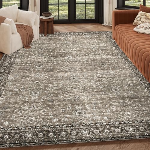 Grey and Brown 9x12 Washable Area Rug for Living Room - Vintage Print, Pet-Friendly, Non-Slip