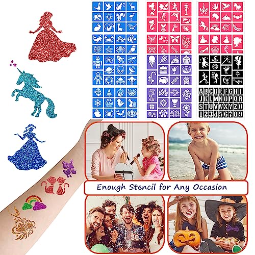 Temporary Glitter Tattoos Kit for Kids, 32 Colors, 165 Stencils, 3 Glue, 5 Brushes, 1 Powder Puff, Adults & Kids Arts Make Up Kit, Holiday Gifts for Girls & Boys