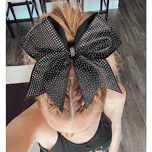 Cheerleader Hair Bows Set - Glitter Black with Rhinestones - 8 Inch, 6 Pack