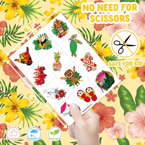 96 PCS Hawaiian Pre-Cut Tattoos Birthday Party Decorations Supplies Favors Tiki Hawaii Luau Hibiscus Temporary Tattoos Flower Tropical Summer Beach Aloha Palm Stickers School Prizes Rewards (Normal)