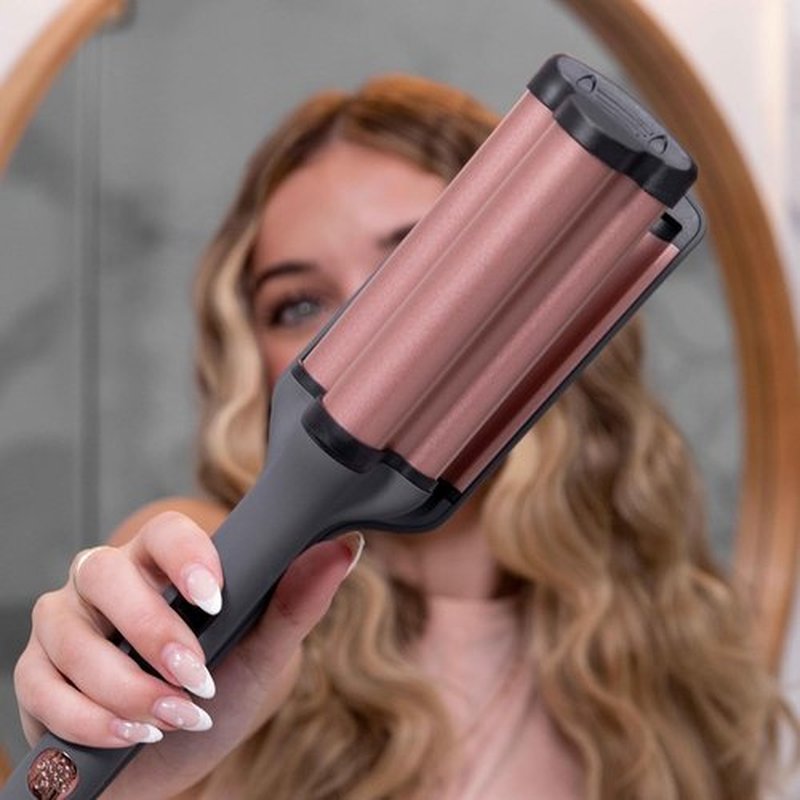 Hairitage Catch The Wave Curling + Crimping Iron - 3 Barrel Ceramic Tourmaline Pink Curler + Crimper - Beach Waves + Curls - Reduce Frizz + Increase Shine - All Hair Types + Textures