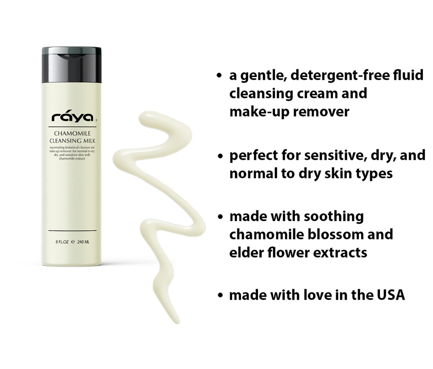 Raya Chamomile Facial Cleansing Milk 8 oz (152) | Gentle, Soap-Free Fluid Cleanser and Make-Up Removing Lotion for Dry and Sensitive Skin | Helps Calm Irritations and Refine Pores
