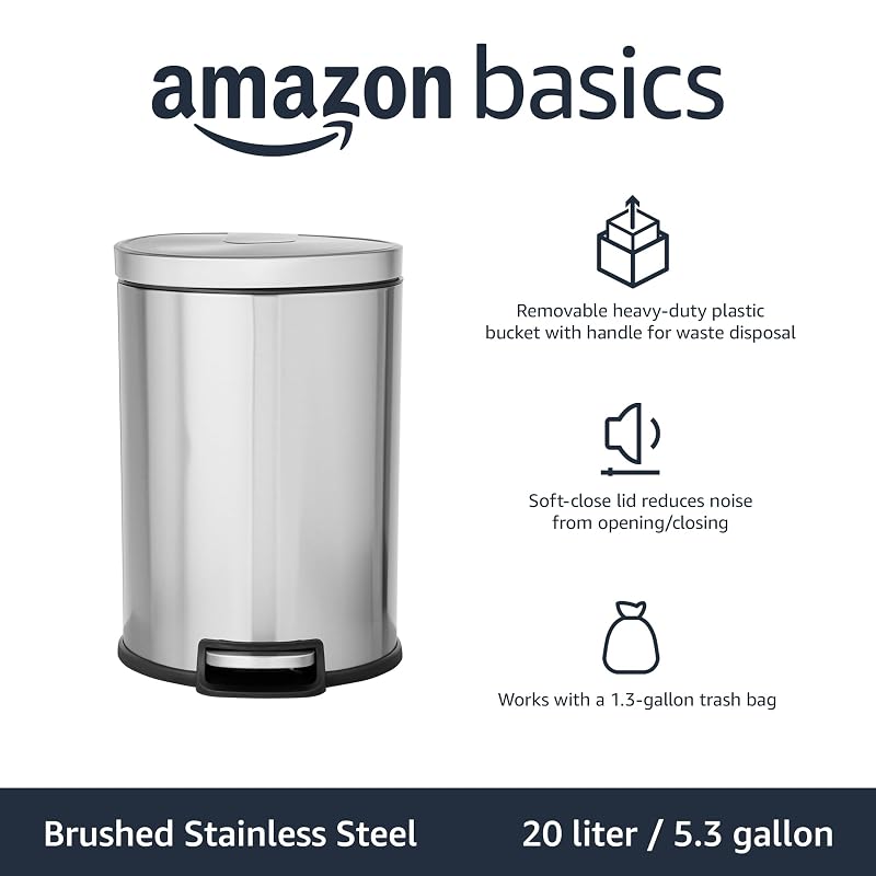 20L / 5.3 Gallon Brushed Stainless Steel Trash Can with Soft-Close Lid, Pedal & Removable Inner Bucket