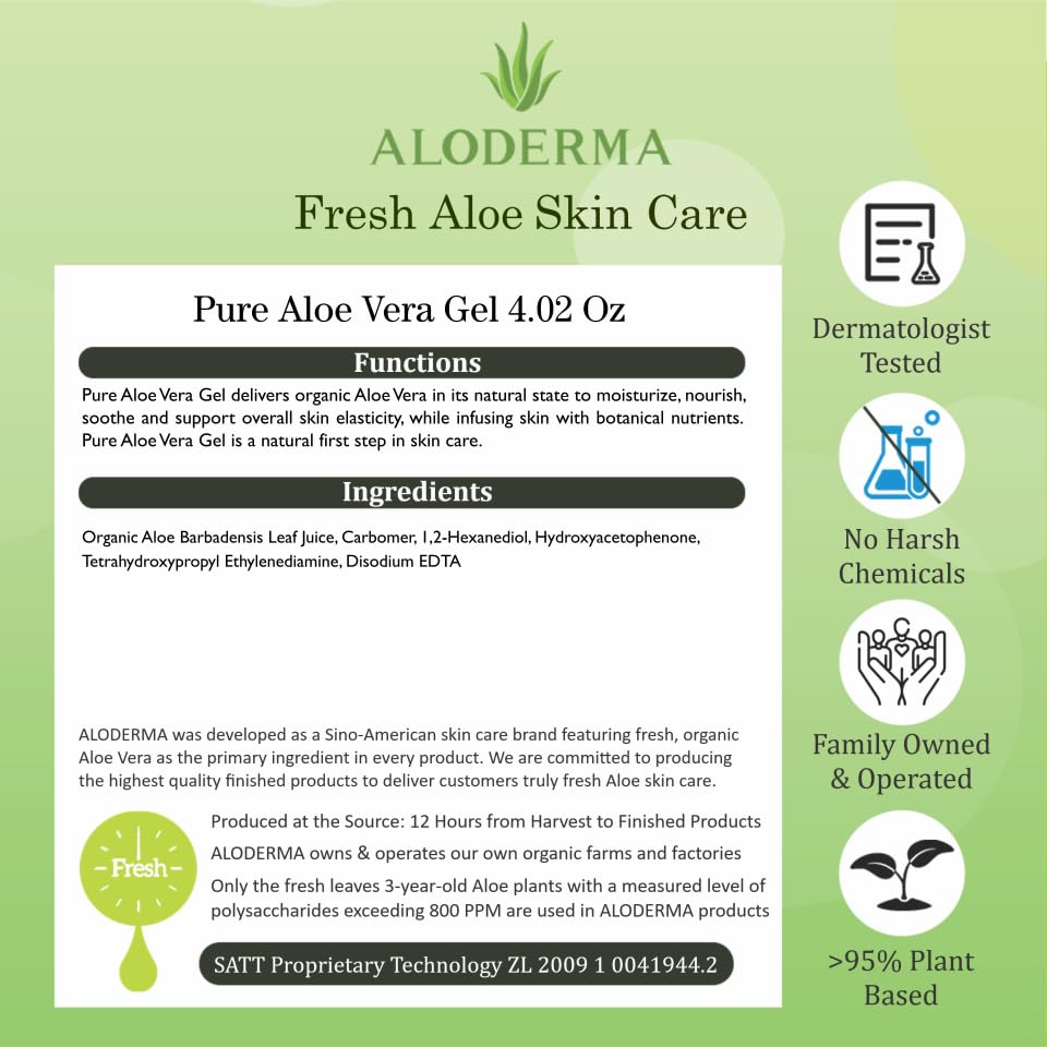 Aloderma 99% Organic Aloe Vera Gel for Face Made within 12 Hours of Harvest - Natural Hydrating Pure Aloe Vera for Soothing Skincare - Moisturizing Aloe Gel for Skin, Face, & Sensitive Skin, 4.02 oz