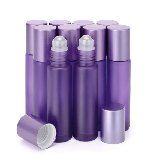 Kesell 10-Pack 10ml Glass Roller Bottles for Essential Oils - Travel- (3.34x0.78inch), Stainless Steel Roll-On Balls, Leak-Proof Caps - Refillable Perfume, Aromatherapy Bottles