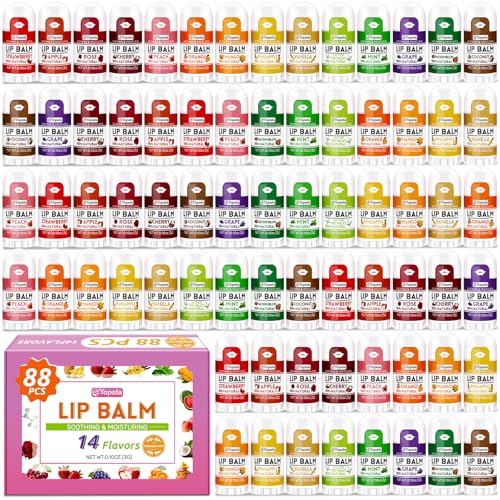 Yopela 88 Pack Mini Lip Balm Bulk, Natural Lip Balms with Vitamin E and Coconut Oil, Moisturizing and Nourishing Dry Cracked Lips,14 Flavors Chap sticks Small Gift Party Favors for Kids Adults