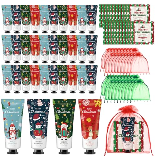 36 Set Christmas Hand Lotion Gift Bulk Christmas Hand Cream Travel Size Xmas Stocking Stuffers Holiday Mini Lotion with Organza Bag Greeting Card Party Supplies for Employee Coworkers Gifts