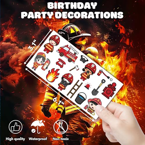96 PCS Firefighter Fireman Temporary Tattoos Sticker Car Fire Truck Themed Birthday Party Decorations Favors Supplies Gifts Boys Girls Baby Shower Adult Cute Tattoo School Prizes Reward Themed
