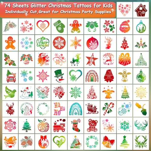 Glitter Christmas Temporary Tattoos for Kids - 74 Individually Sheets Perfect for Kids Christmas Party Favors, Stocking Stuffer