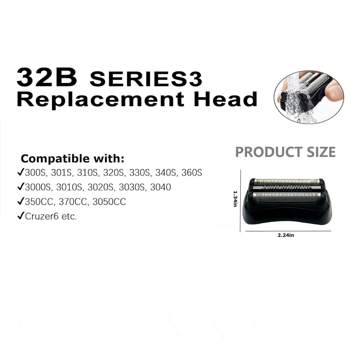 32B Replacement Head Compatible with Braun Series 3 Replacement Head, for S3 Replacement Head 3040 301S 310S 320S 330S 340S 360S 3000S 3010S 3020S 3070cc 3080s Etc Modesl 2-Pack