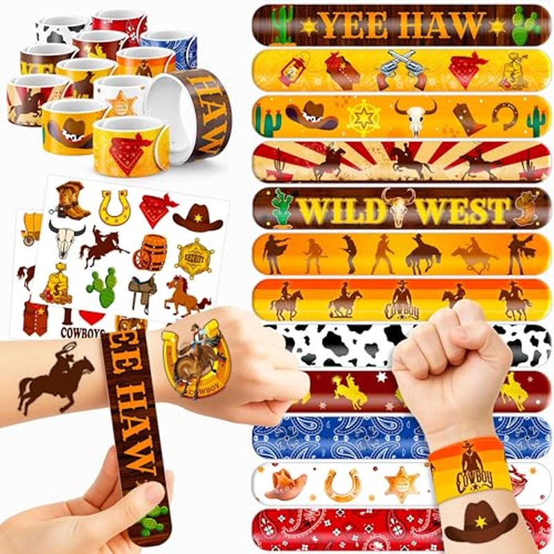 48PCS Cowboy Party Set - 24PCS Temporary Tattoos & 24PCS Slap Bracelets - Wild West-Themed Birthday Supplies, Baby Shower Gifts, Classroom Rewards & Party Decor for Kids (Boys & Girls)