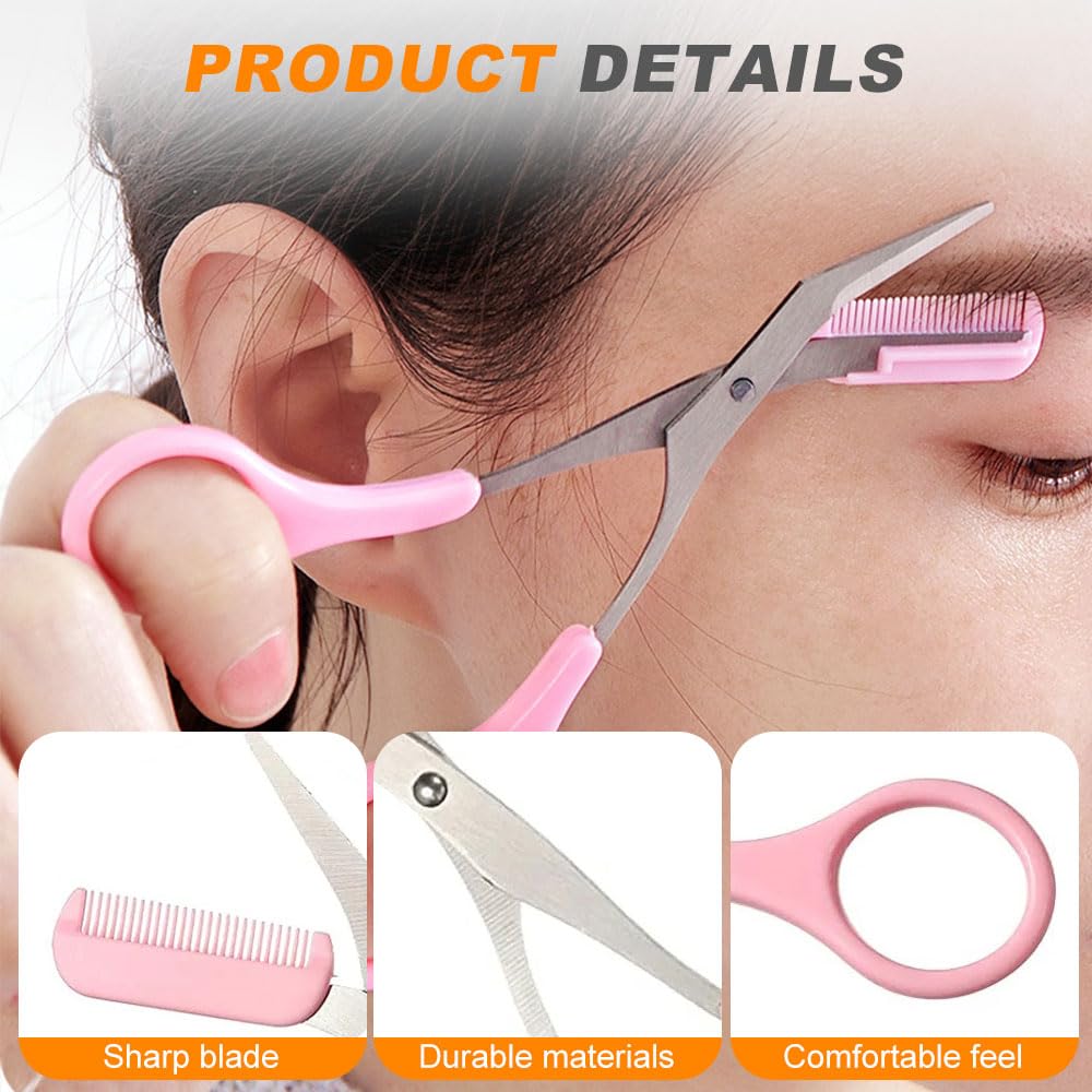 Eyebrow Trimmer Scissor, New 2 in 1 Eyebrow Scissors with Comb, Non-Slip Stainless Steel Eyebrow Trimming Scissors, Eyebrow Cutter Hair Removal Eyebrow Scissor Makeup Tool for Men Women (Pink)