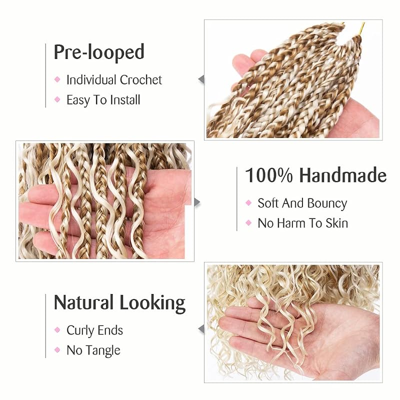 Pre-looped Boho Box Braids Crochet Hair 18 Inch - Mix Blonde Goddess Style, 8 Pack