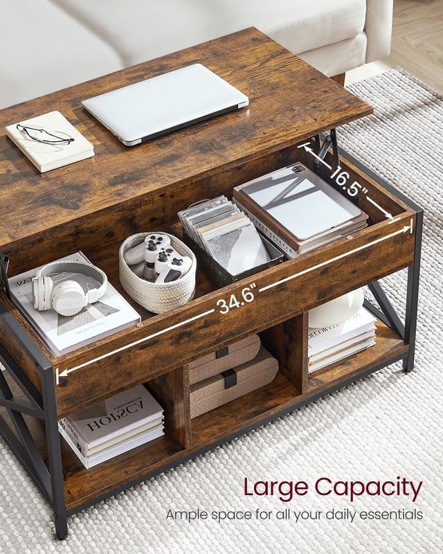 Lift-Top Coffee Table with Storage - Rustic Brown + Black, 39.4"W x 19.7"D, 3 Compartments