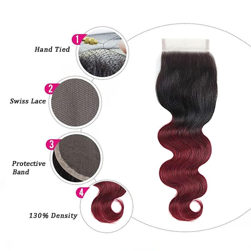 Isufer Brazilian Body Wave 4x4 Lace Closure 100% Virgin Hair 8 Inch 1B/99J Burgundy
