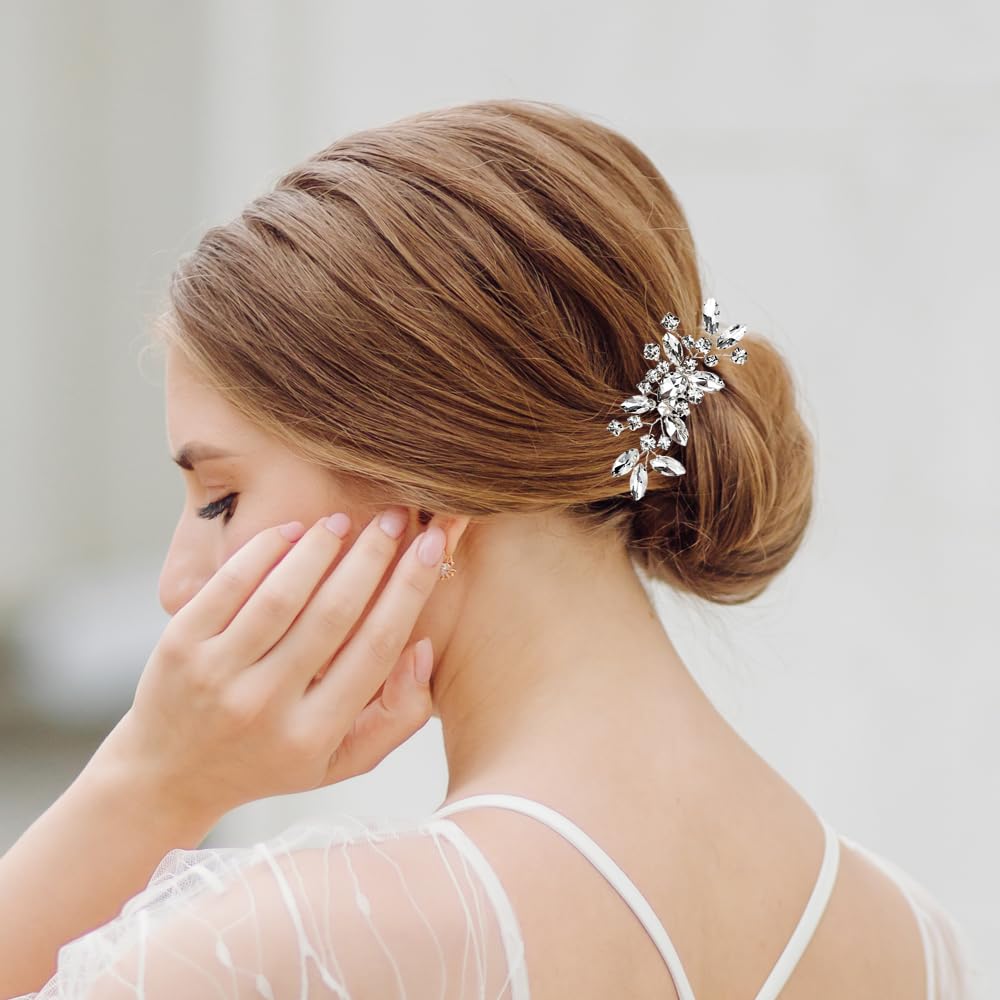 2PCS Silver Rhinestone Hair Combs, Clear Crystals Wedding Metal Hair Combs, Sparkly Crystal Bridal Hair Accessories for Bridesmaids Women Girls