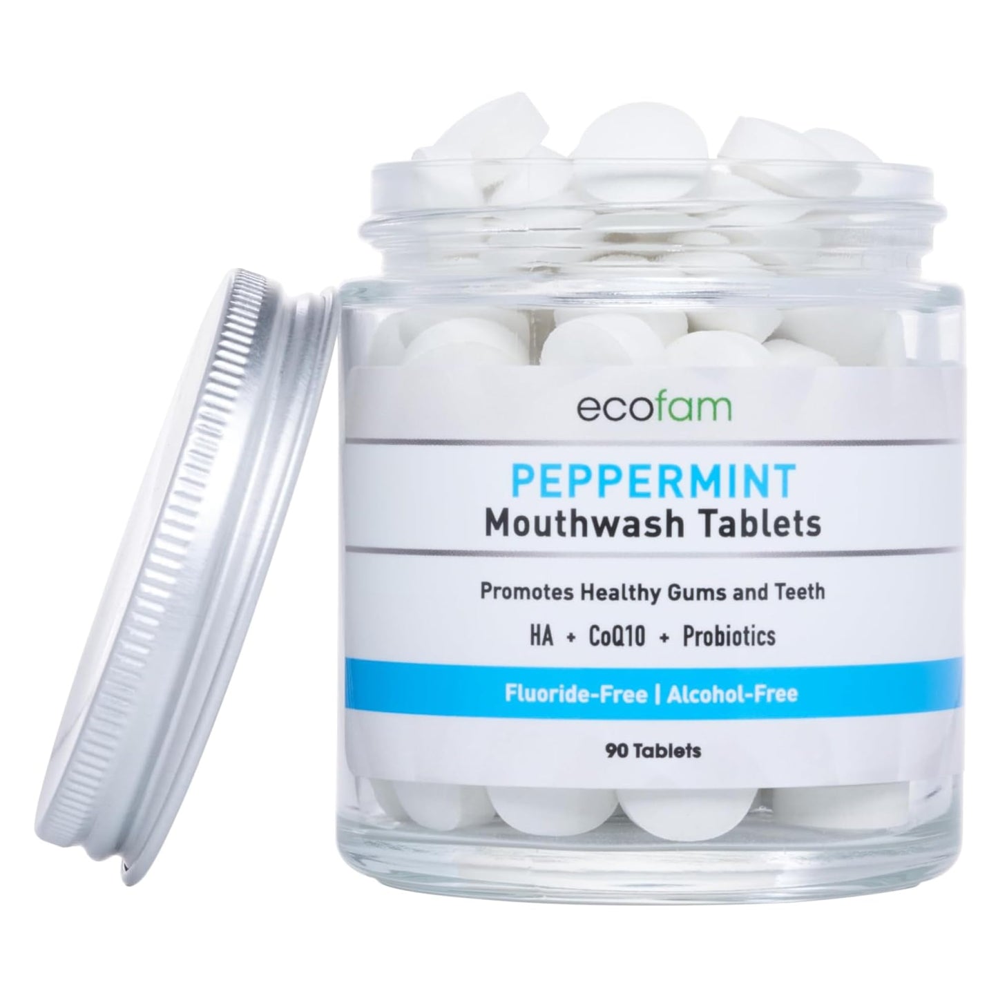 ECOFAM Peppermint Mouthwash Tablets - Chewable Tablet for Fresh Breath Fluoride Free Alcohol Free Travel Size Mouthwash - 90 Tablets