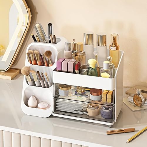 Makeup Organizer with Drawers, Large Capacity Cosmetics Display Case, stationery storage box, bathroom beauty storage suitable for your beauty essentials (white)