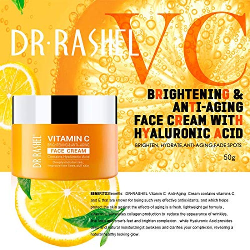 Dr Rashel Vitamin C Face Cream - Hyaluronic Acid , Anti Aging and Collagen Moisturizer - 1.76 oz + 1 Pcs of Collagen Crystal Lip Mask Strawberry