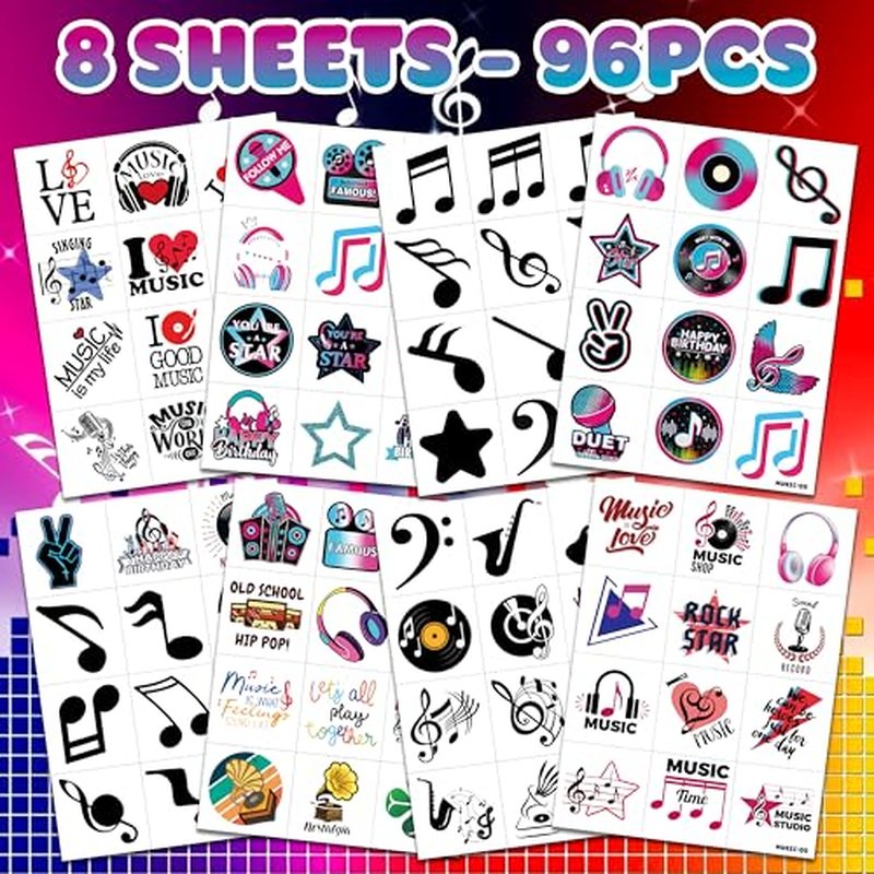 (96PCS) Music Note Notes Musical Motivational Pre-Cut Temporary Tattoos for Kids Birthday Themed Party Supplies Decorations Favors Super Cute Instrument Stickers Tattoo Gifts for Boys Girls Rewards