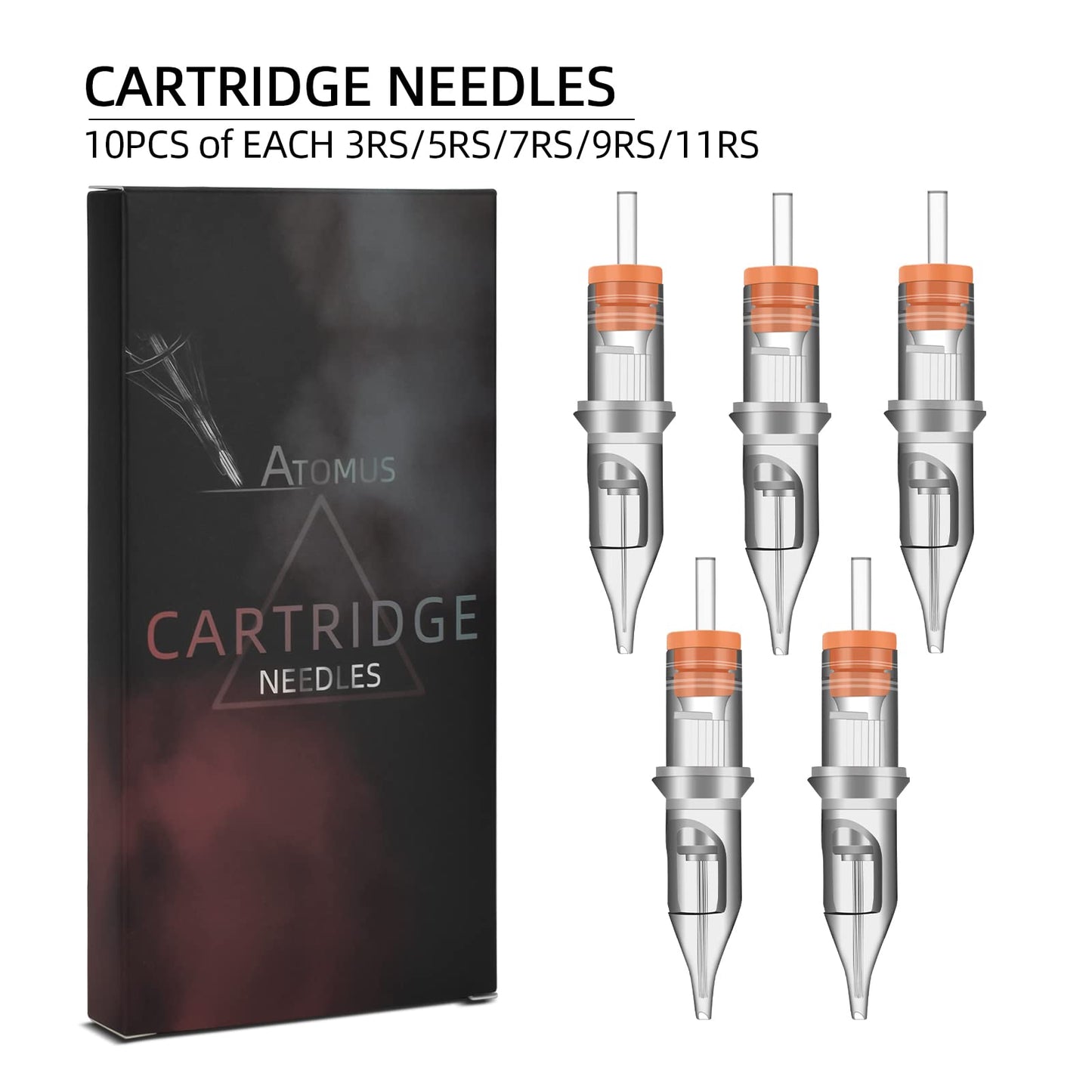 50pcs Mixed RS Tattoo Cartridge Needles, ATOMUS 10pcs of Each 3RS 5RS 7RS 9RS 11RS Round Shader Tattoo Needle