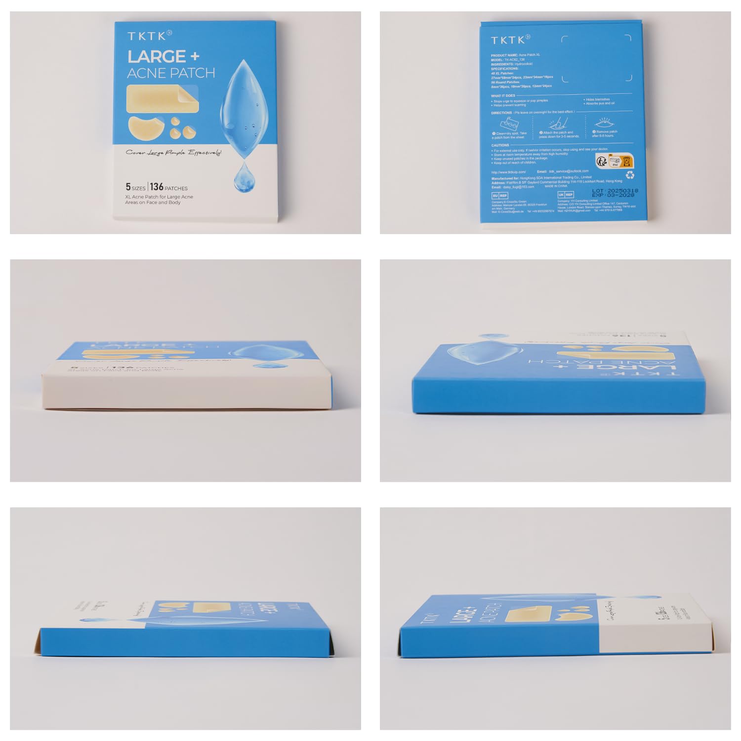 TKTK Large Pimple Patches for Face, 68 x 27 mm XL Hydrocolloid Bandages, Big Acne Patches for Body, Forehead, Chin, Nose, Chest and Back Blemish Zit Breakouts (Strip, Contoured, Dot 5 Sizes 136 Count)