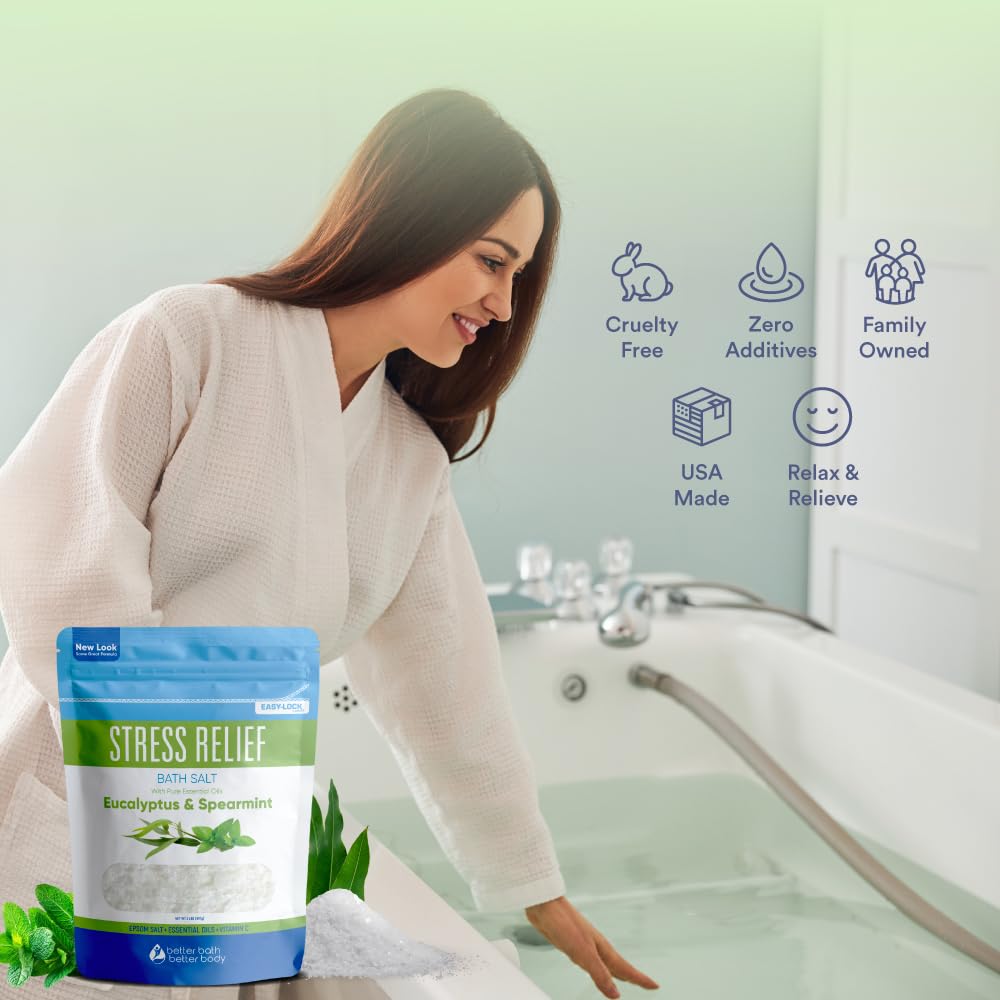 Stress Relief Bath Salt 32 Ounces (2 Lbs) USP Grade Epsom Salt with Natural Spearmint and Eucalyptus Essential Oils Plus Vitamin C in BPA Free Pouch with Easy Press Lock Seal Made in USA