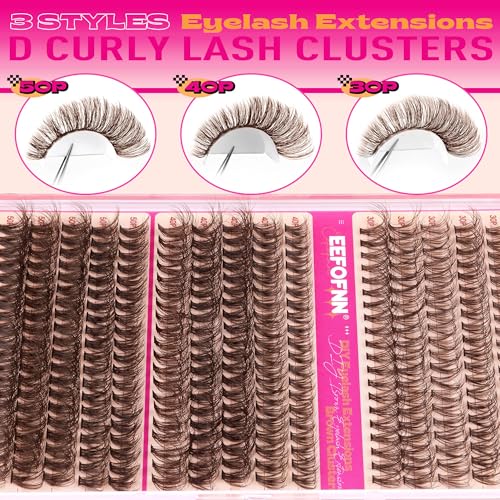 Eefofnn Brown Eyelash Clusters Kit 300 Pcs Natural Lash Clusters Kit 30P+40P+50P Brown Cluster Eyelash Extensions Kit Wispy Individual Lashes Bond and Seal Glue Fuzzy Lashes Extension Kit DIY at Home