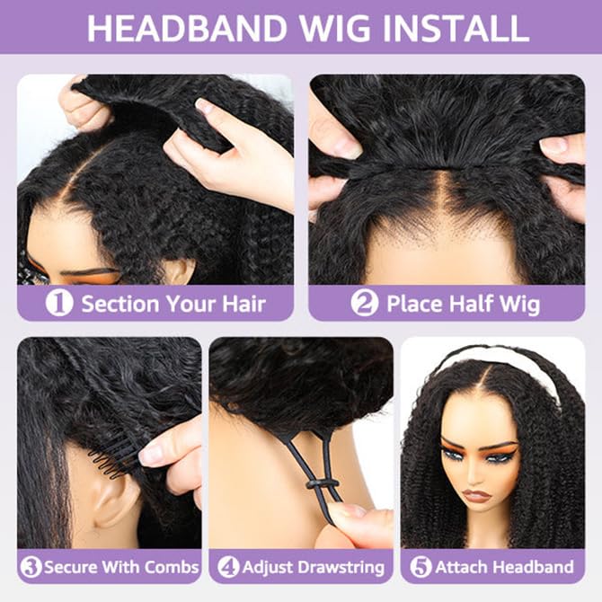 Moxuan Afro Curly 20in Half Wig - Glueless 3-in-1 Drawstring Clip-in Headband, Natural Black