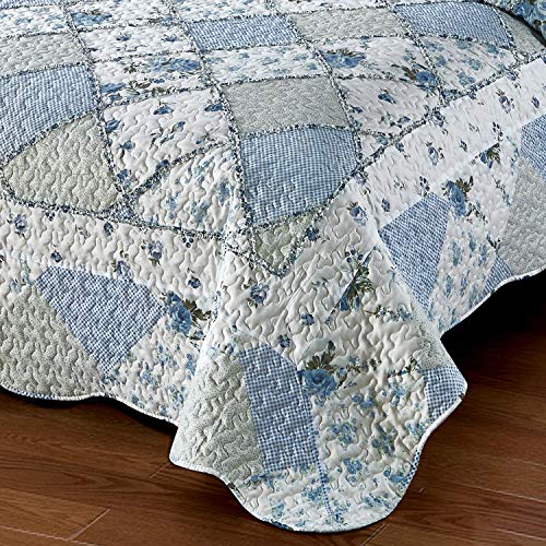 Oversized King Quilt Set 128x120 Blue Floral Patchwork Bedspread & Pillowcases