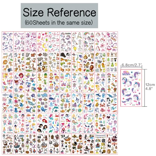 Fake Tattoos for Kids, 500+ Mixed Styles Temporary Tattoos Stickers for Girls and Boys, Monster Truck Unicorn Mermaid Marine Animals Flower Fairy Pirate Tattoos for Kids Birthday Party Supplies