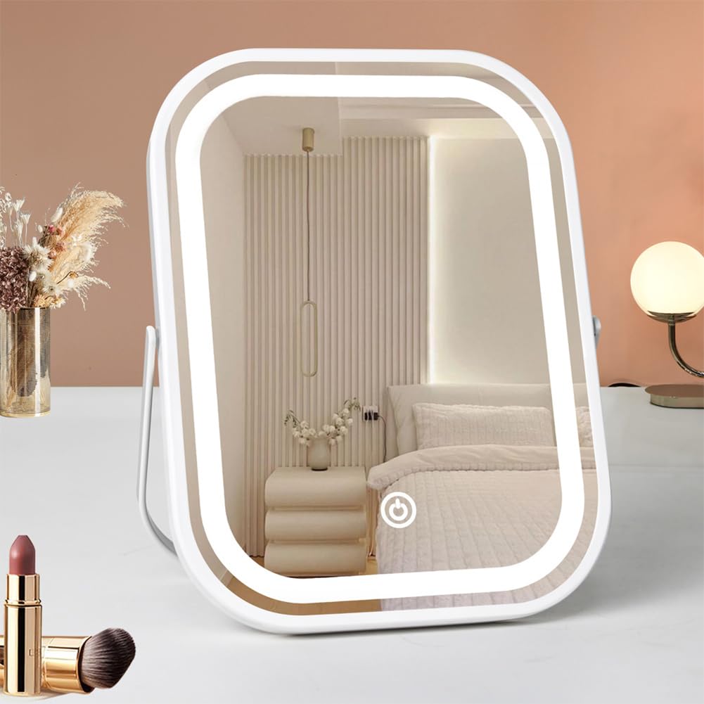 YEKKOPT Travel Makeup Mirror with Lights, Portable Small Beauty LED Vanity Mirror with Lights, 1200mAh Battery, Dimmable Touch Screen, Tabletop Folding Compact Mirror,Women Gift