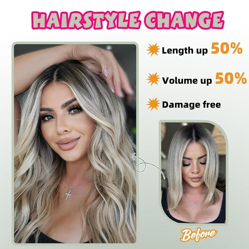 7Pcs Clip-In Hair Extensions - Real Human Hair, Ash Blonde Highlights, 12 Inch, Double Weft, Golden Blonde