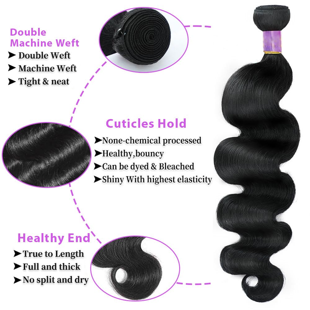 10 Inch 1 Bundle Human Hair 12A Body Wave Bundles Human Hair 100% Unprocessed Brazilian Virgin Human Hair Extensions for Women Natural Black