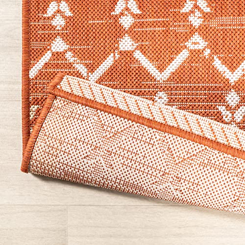 Outdoor Indoor Moroccan Geometric Area Rug 7'9" x 10' Orange Cream Textured Weave