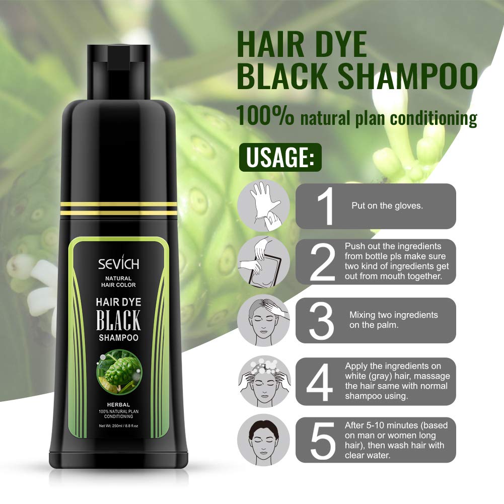 Black Hair Shampoo - SEVICH Instantly Black Hair Dye, Noni Essence Hair Shampoo, Hair Strength Repair Conditioner, Grey Cover, 250ml