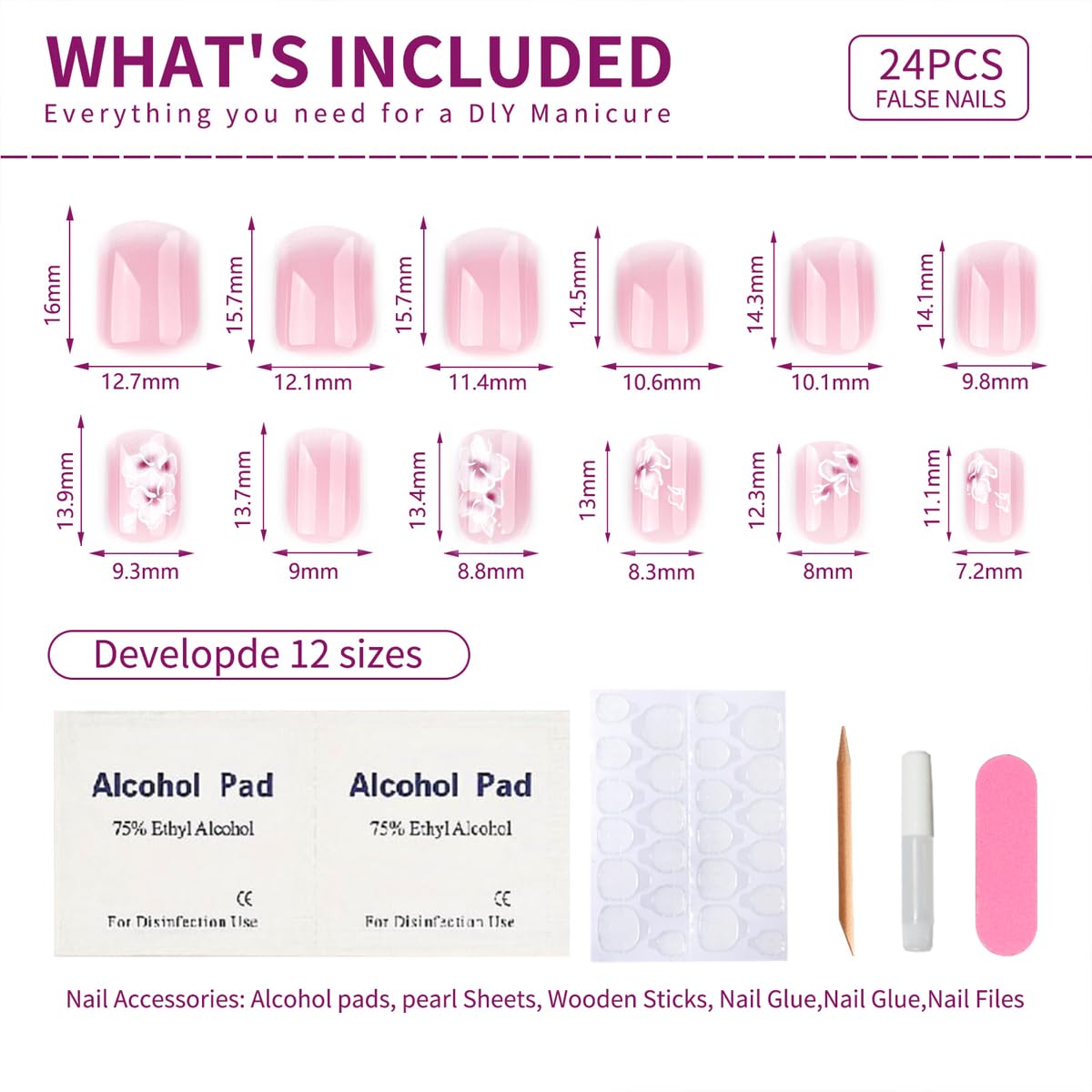 Mivota French Press On Nails Short Square White Nude Gradient False Nails Delicately Adorned with White Silver Flowers Reusable Glue On Nails for Women Kit 24Pcs