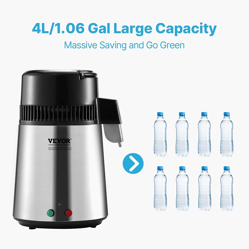 Water Distiller 1.1 Gal, 750W, 304 Stainless Steel w Glass Reservoir – VEVOR, Silver+1.1Gal