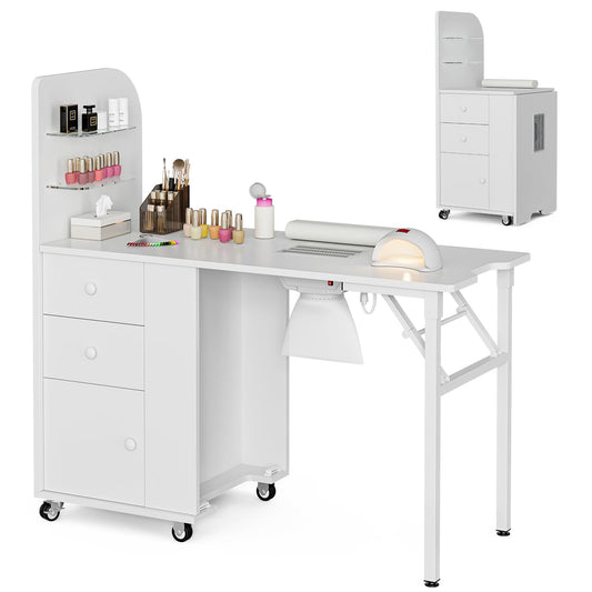 Belandi Foldable Nail Desk Manicure Table, Folding Nail Table Station for Nail Tech w/Dust Collector, 2 Open Shelves & 2 Drawers, Foldable Manicure Desk w/Wrist Cushion, Lockable Wheels