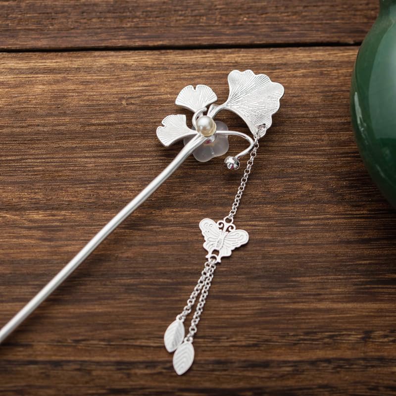 Silver Ginkgo Leaf Hairpin with Jade and Butterfly Tassel - Hanfu Style Hair Accessories for Women