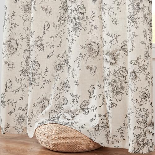 jinchan Black Floral Linen-Lined Curtains 50W x 108L, Pack of 2, Farmhouse Style